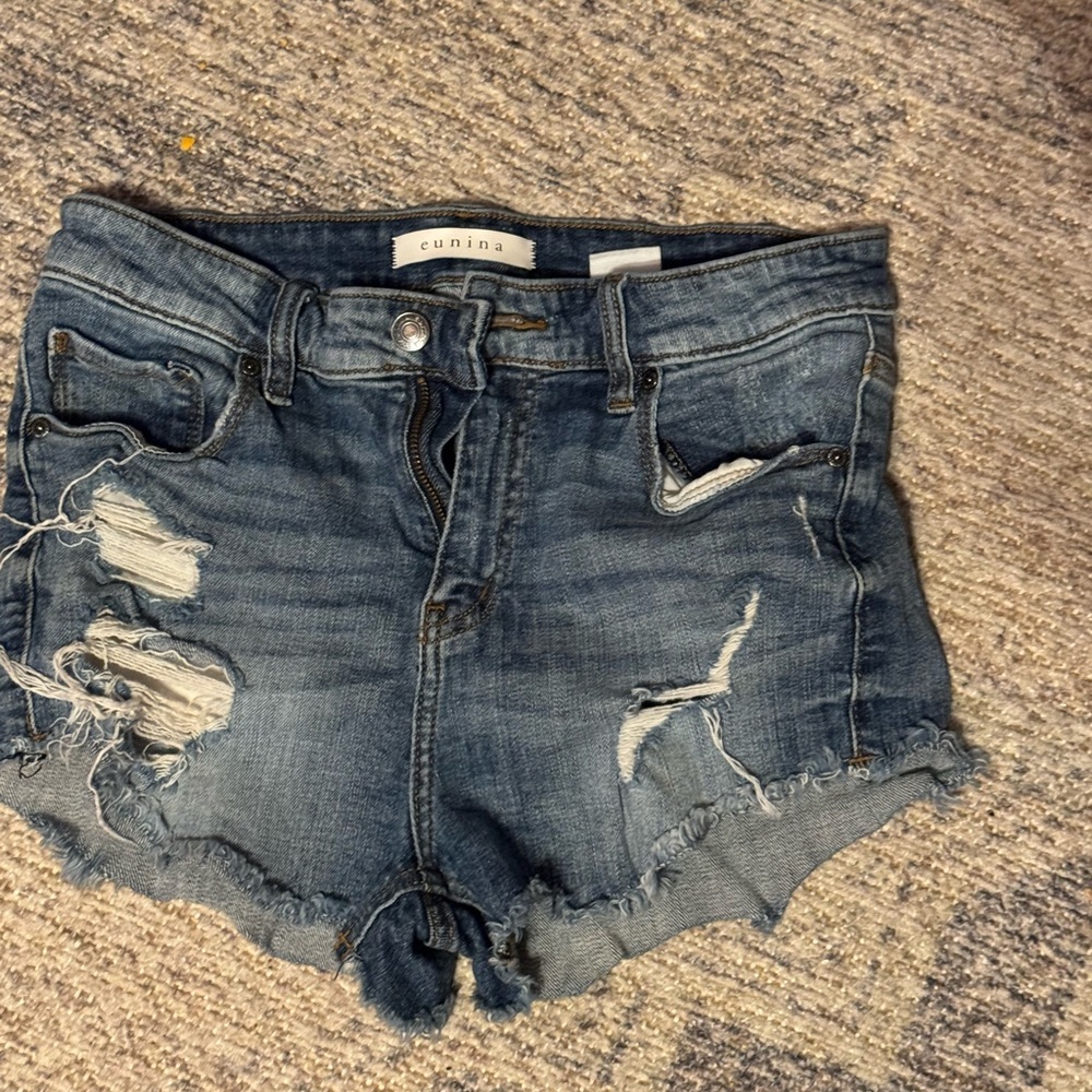 Eunina Women's Distressed Blue Denim Shorts SMALL